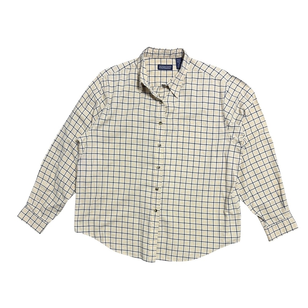Lands' End Shirt Womens XL 18-20 Beige Navy Windowpane Plaid Button Down Casual‎